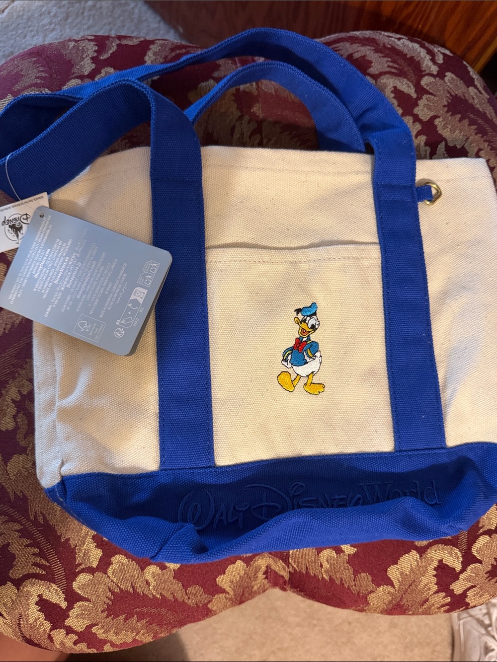 Disney Canvas Tote with Blue Straps and Embroidered Donald Duck